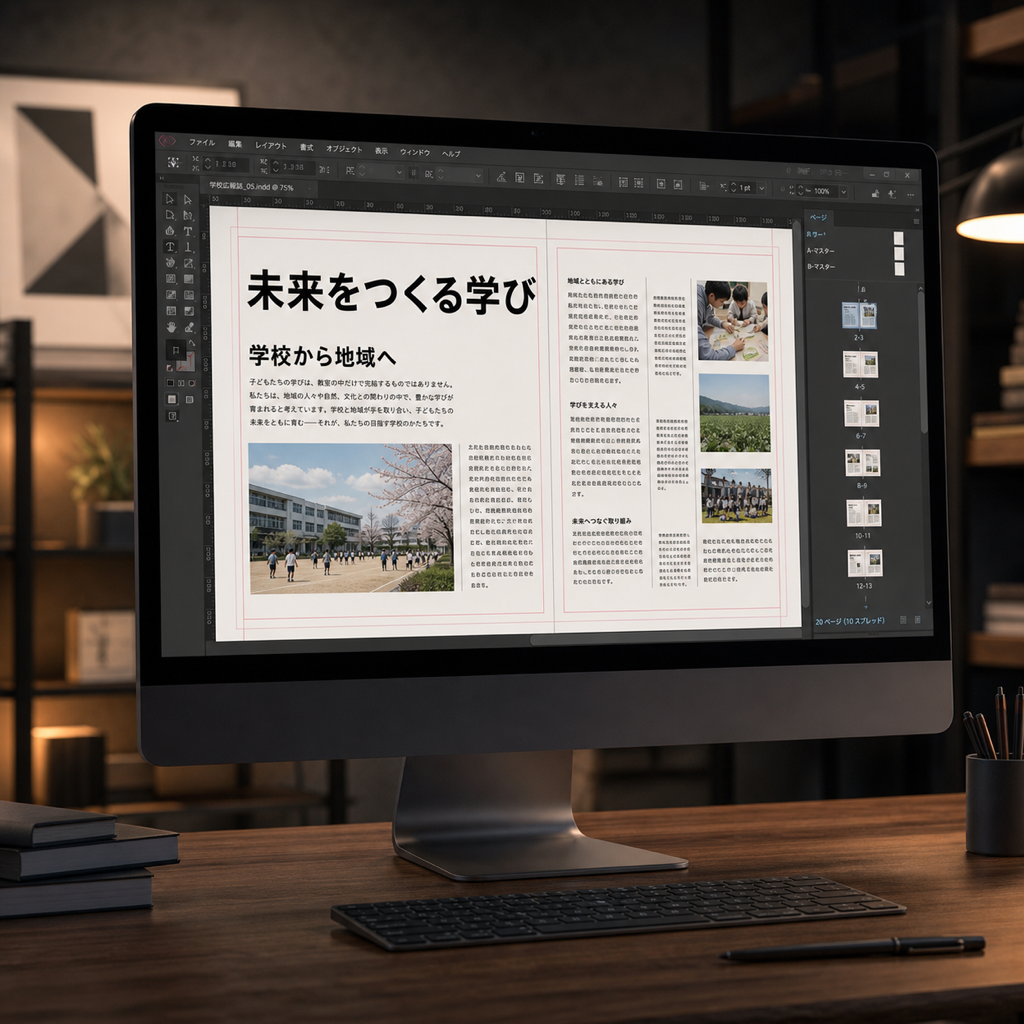 Macモニターで日本語の学校広報誌を編集しているDTP画面