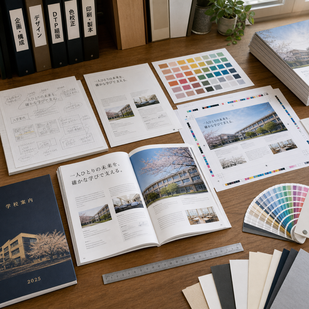 企画ラフから日本語の誌面制作、色校正、印刷・製本までの制作工程