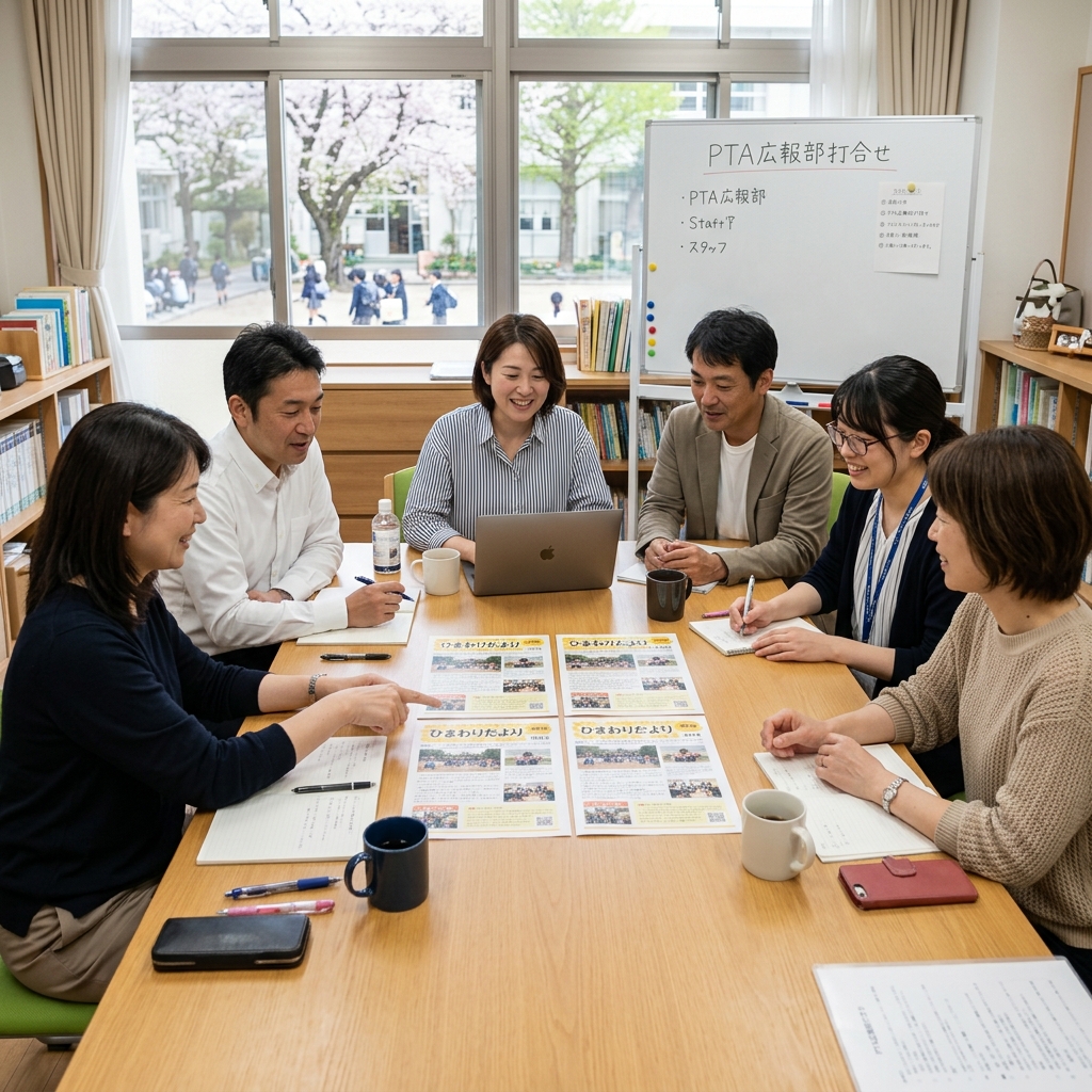 小学校の広報について打ち合わせをするPTAと担当者の様子