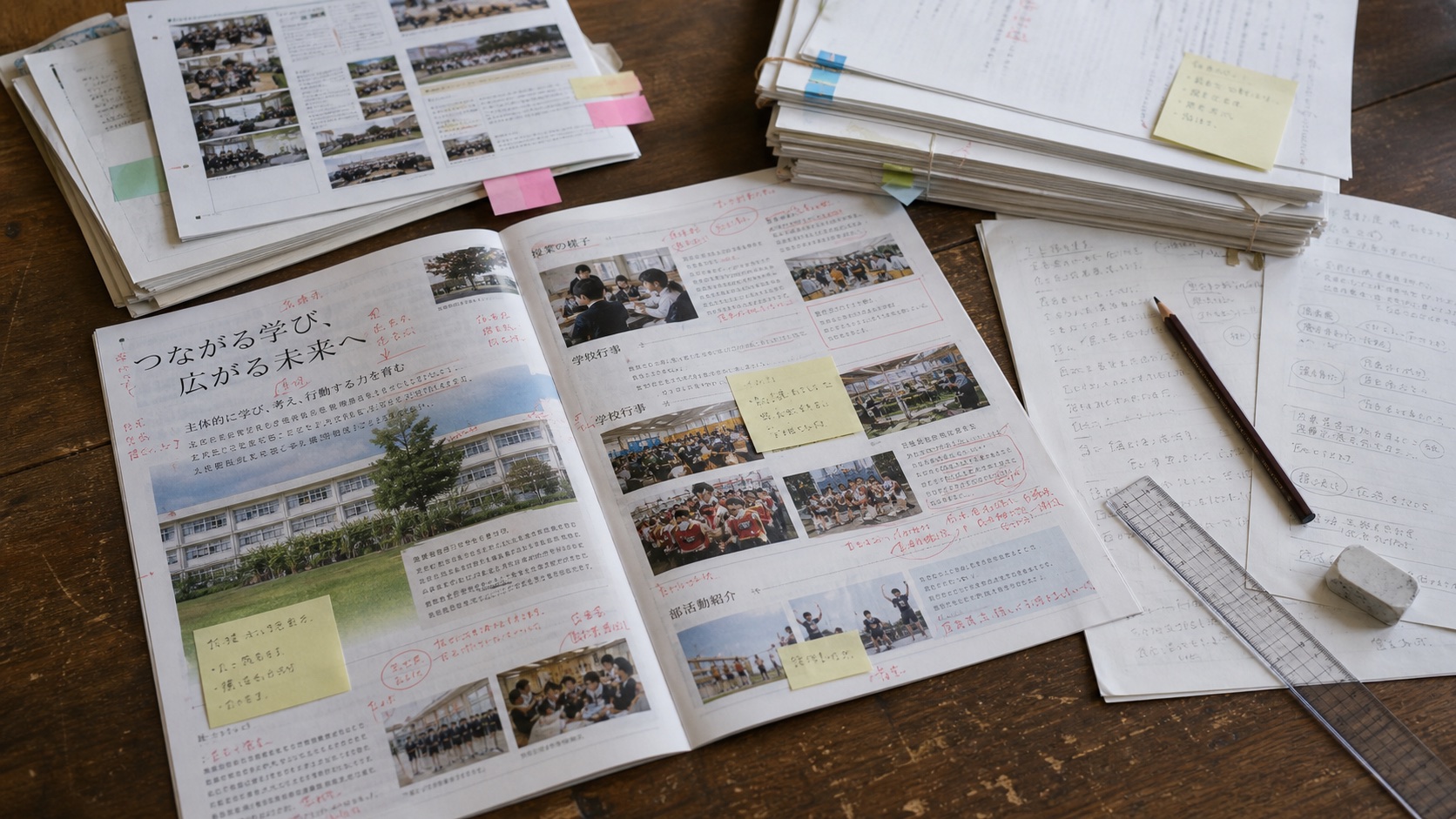 赤字校正や付箋が残る学校広報誌の制作机
